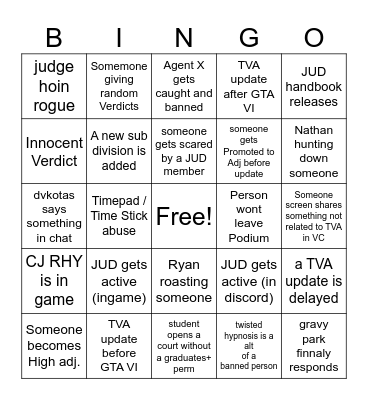 TVA Judicary Bingo Card