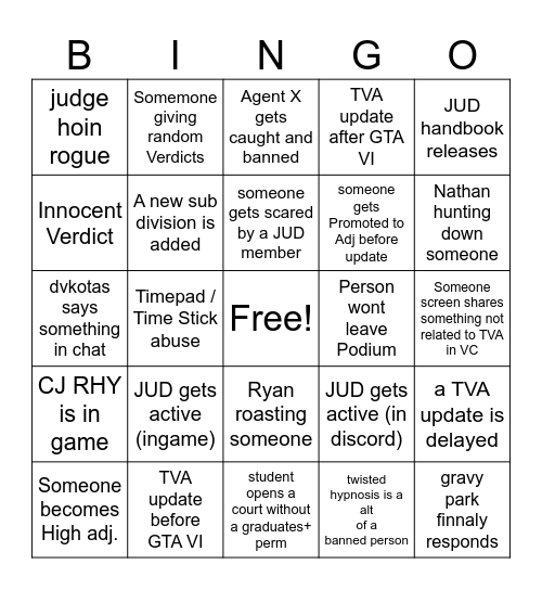 TVA Judicary Bingo Card