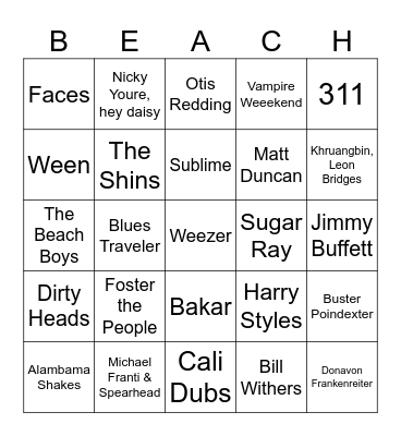 Music Bingo #211 (Beach Vibes) Bingo Card