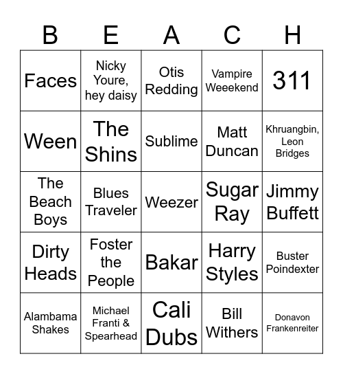 Music Bingo #211 (Beach Vibes) Bingo Card