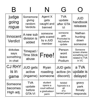 TVA Judicary Bingo Card