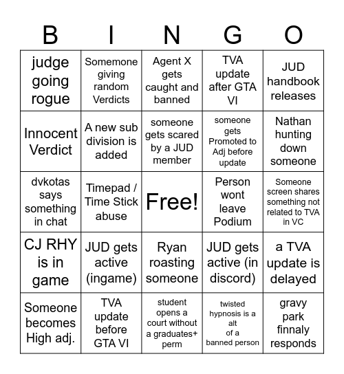 TVA Judicary Bingo Card