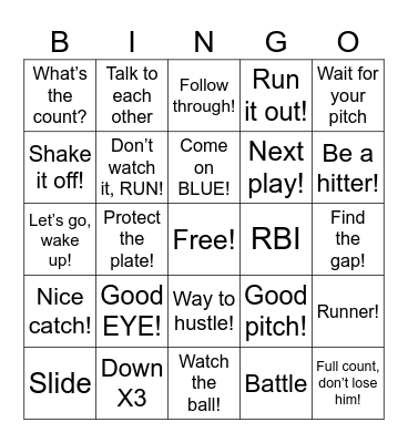 Baseball Bingo 1 Bingo Card
