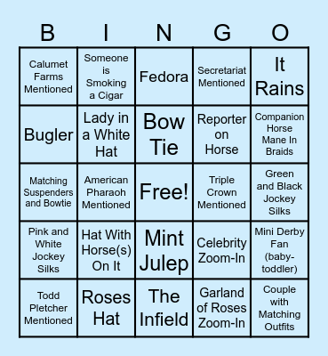 Kentucky Derby viewing 2026: Mark off items as you see them during the tv Derby coverage. Bingo Card