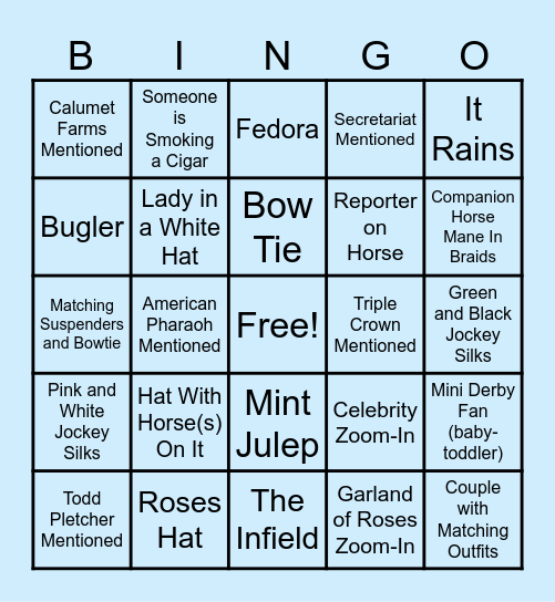 Kentucky Derby viewing 2026: Mark off items as you see them during the tv Derby coverage. Bingo Card
