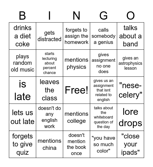 english Bingo Card