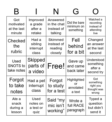 MS Survival Bingo Card