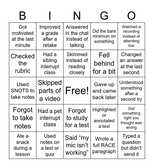 MS Survival Bingo Card