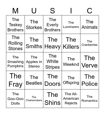 Music Bingo #212 (THE Bands) Bingo Card