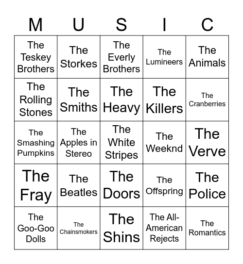 Music Bingo #212 (THE Bands) Bingo Card
