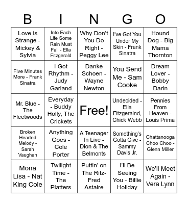 40s & 50s Hits Bingo! Bingo Card