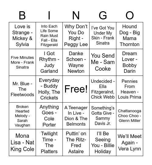 40s & 50s Hits Bingo! Bingo Card