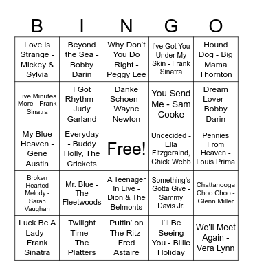 40s & 50s Hits Bingo! Bingo Card
