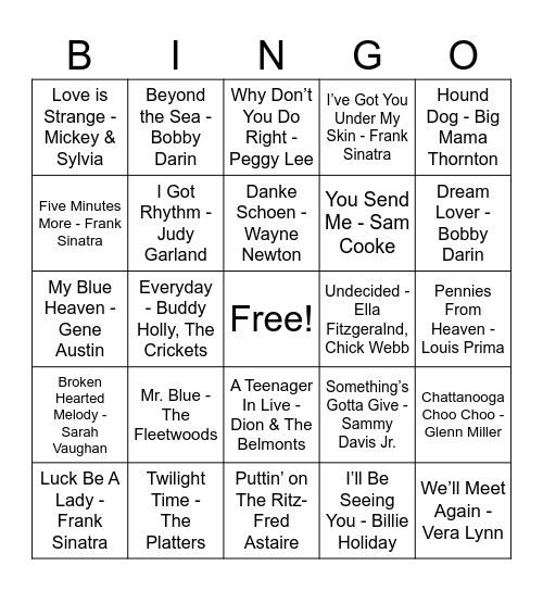 40s & 50s Hits Bingo! Bingo Card