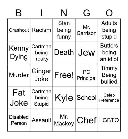 South Park Bingo Card