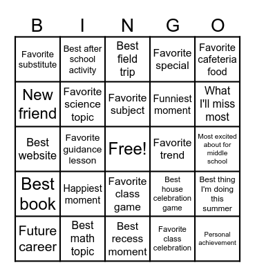 End of the Year Bingo Card