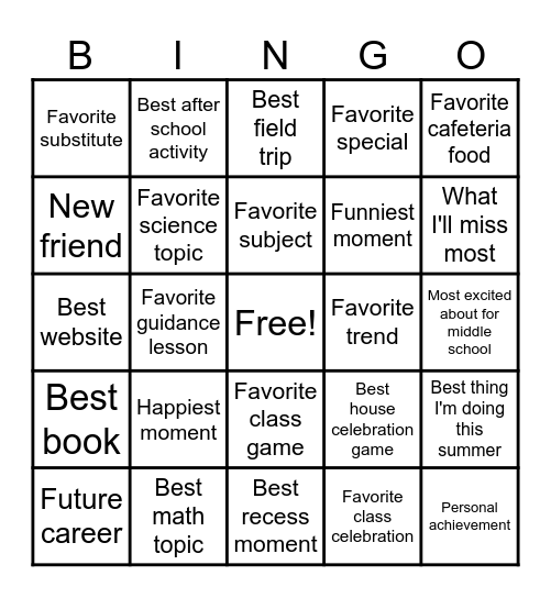 End of the Year Bingo Card