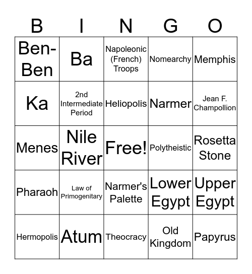 Egypt 1A Bingo Card