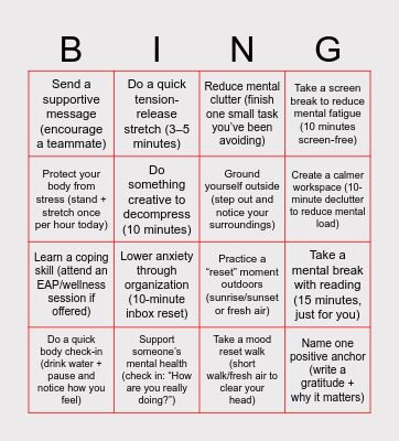 Mental Health Awareness Bingo Card