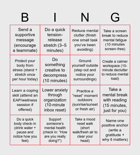 Mental Health Awareness Bingo Card