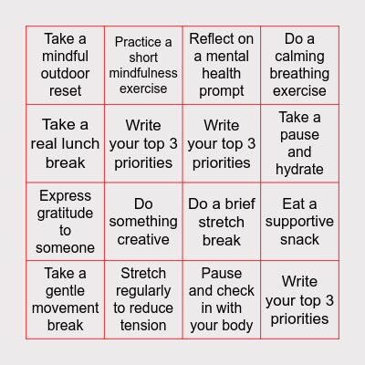 Mental Health Awareness Bingo Card