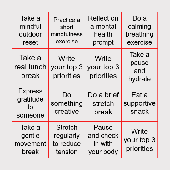 Mental Health Awareness Bingo Card