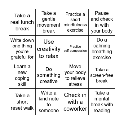 Mental Health Awareness Bingo Card
