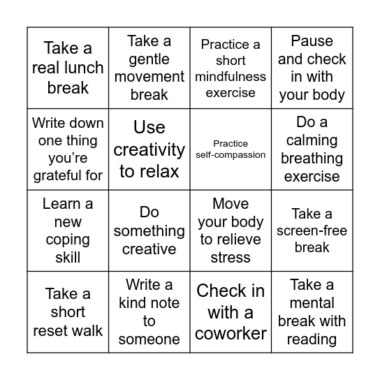 Mental Health Awareness Bingo Card