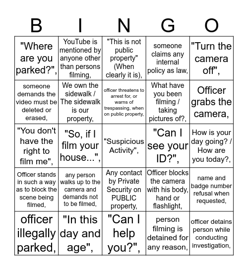 First Amendment Audit Bingo Card