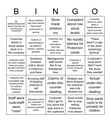 Pokemon Complaints Bingo Card