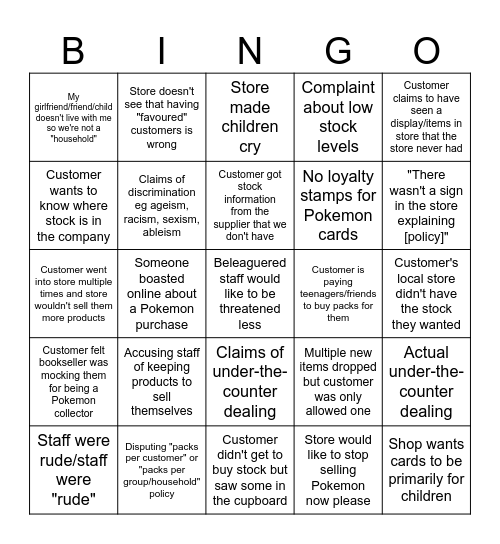 Pokemon Complaints Bingo Card