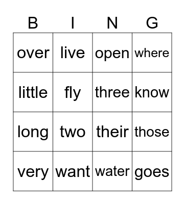 Sight Word Bingo Card
