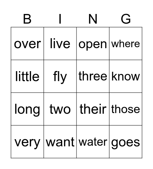 Sight Word Bingo Card