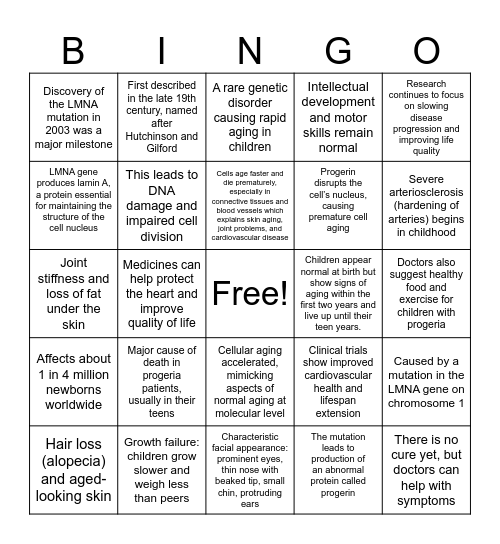Progeria Bingo Card