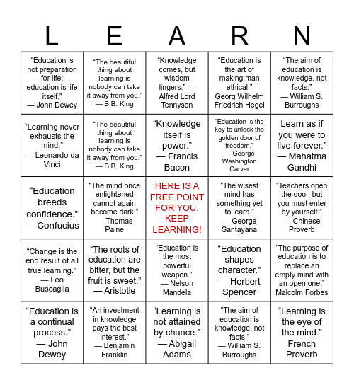 Make LEARNing fun! Bingo Card