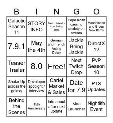 Swtor Livestream Bingo Card