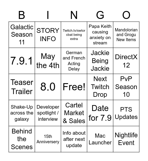 Swtor Livestream Bingo Card