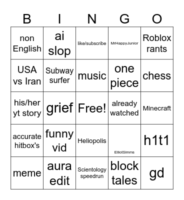 yt shorts bingo Card