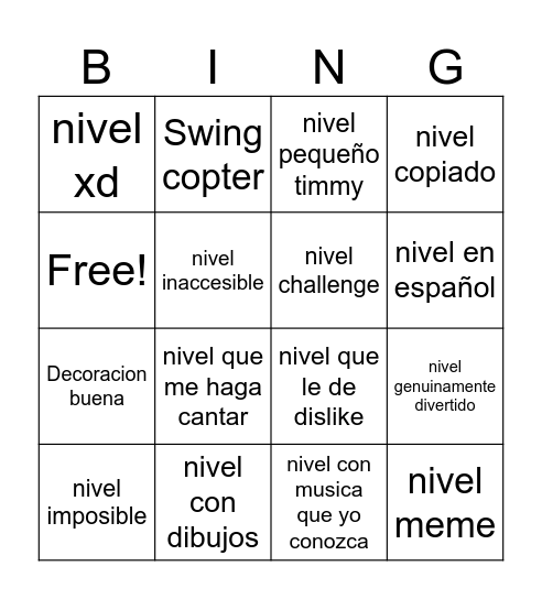 GD niveles recientes bingo Card