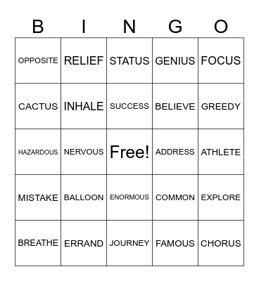 VOCABULARY BINGO Card