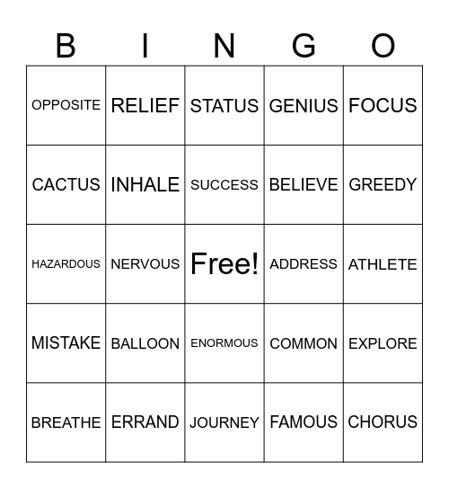 VOCABULARY BINGO Card