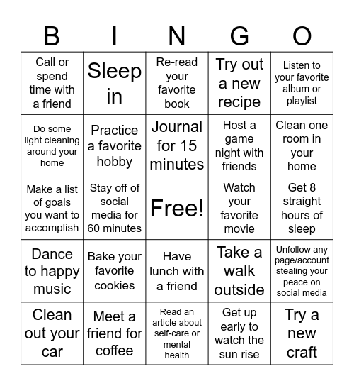 Self-Care Bingo Card