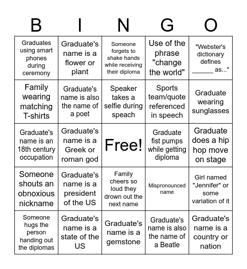 Graduation Bingo Card
