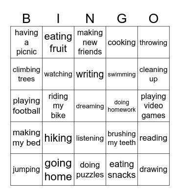 Actions Bingo Card
