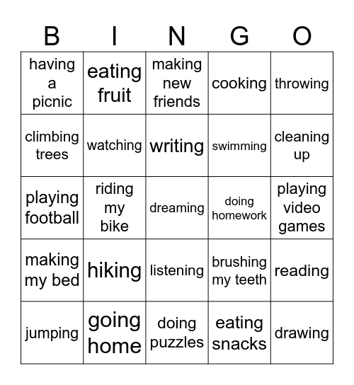 Actions Bingo Card