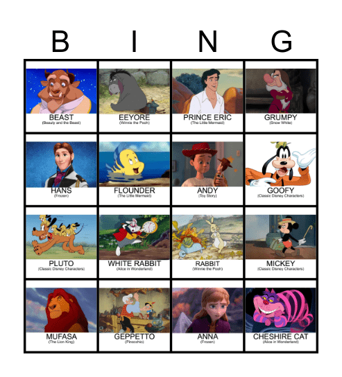 Disney Characters Bingo Card