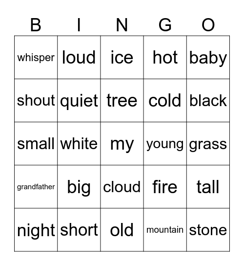 The grass is short - words from poem Bingo Card