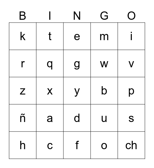 Spanish Alphabet  Bingo Card