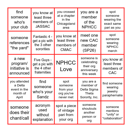 The Deltas Present Bingo Card