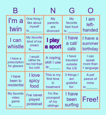 GET TO KNOW ME Bingo Card